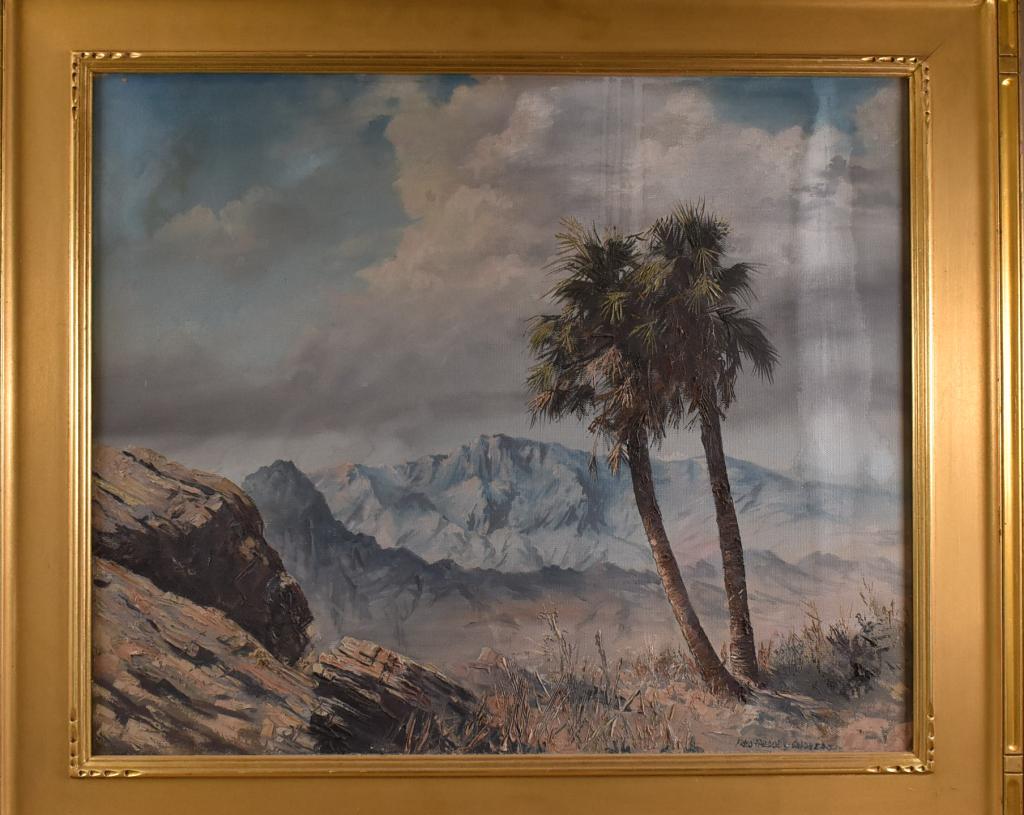 FRED FREDDEN GOLDBERG DESERT LANDSCAPE: SIGNED LOWER RIGHT. OIL ON CANVAS. WATER DAMAGE TO CANVAS. 37 1/2" x 32 1/2" IN FRAME.