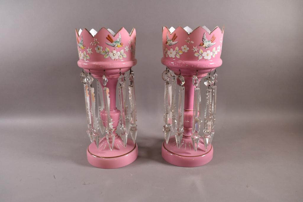 PAIR OF VICTORIAN PINK CASE GLASS CRYSTAL LUSTERS (1 of 3)