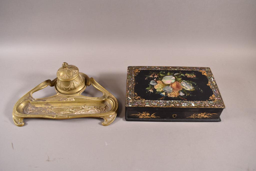 ANTIQUE INKWELL & 1800'S JEWELRY BOX (1 of 4)