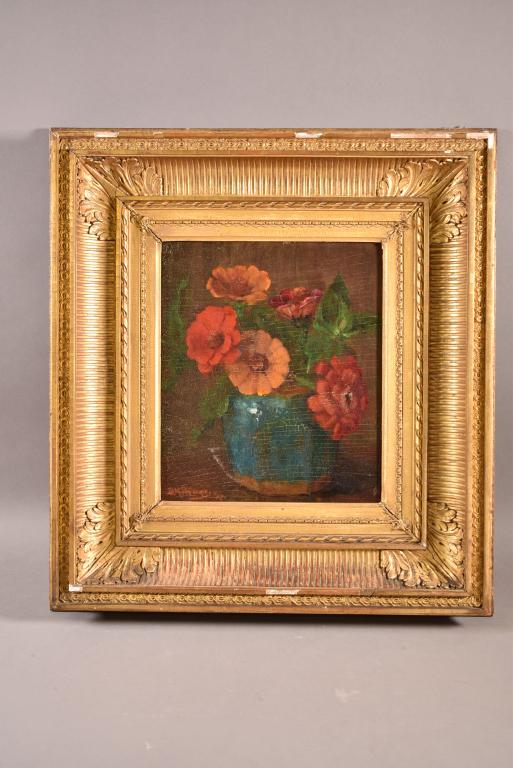 1927 OIL ON BOARD STILL LIFE PAINTING: B.H. STOMPS? OIL ON BOARD STILL LIFE FLORAL. HEAVY CRAZING TO IMAGE. ARTIST SIGNED LOWER LEFT. CHIPS TO FRAME. 18" x 16"