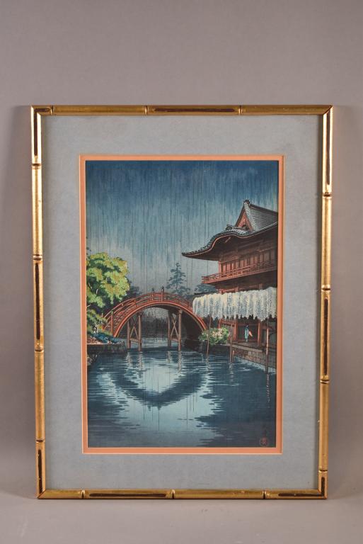 TSUCHIYA KOITSU JAPANESE WOODBLOCK PRINT: SIGNED LOWER RIGHT. "WISTERIA AND HALF MOON BRIDGE AT KANEIDO. LABEL ON REVERSE. GOOD OVERALL CONDITION. 19" x 14 1/2" IN FRAME.