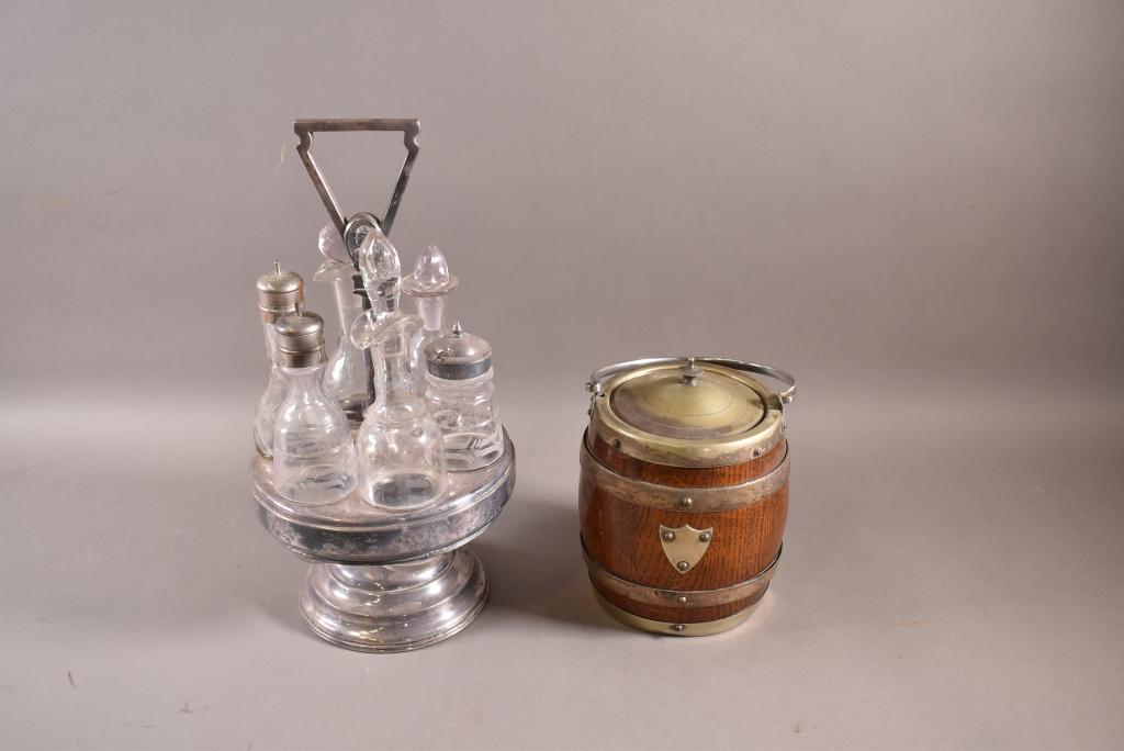 VICTORIAN CRUET SET & OAK BISCUIT JAR (1 of 3)