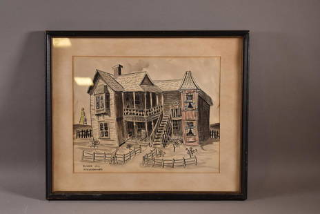 INK DRAWING BY DAN WIESENDANGER: TITLED ON REVERSE "HOUSE OF THE SEVEN GABLES" BUNKER HILL LOS ANGELES DATED 1956. 18" x 15" IN FRAME