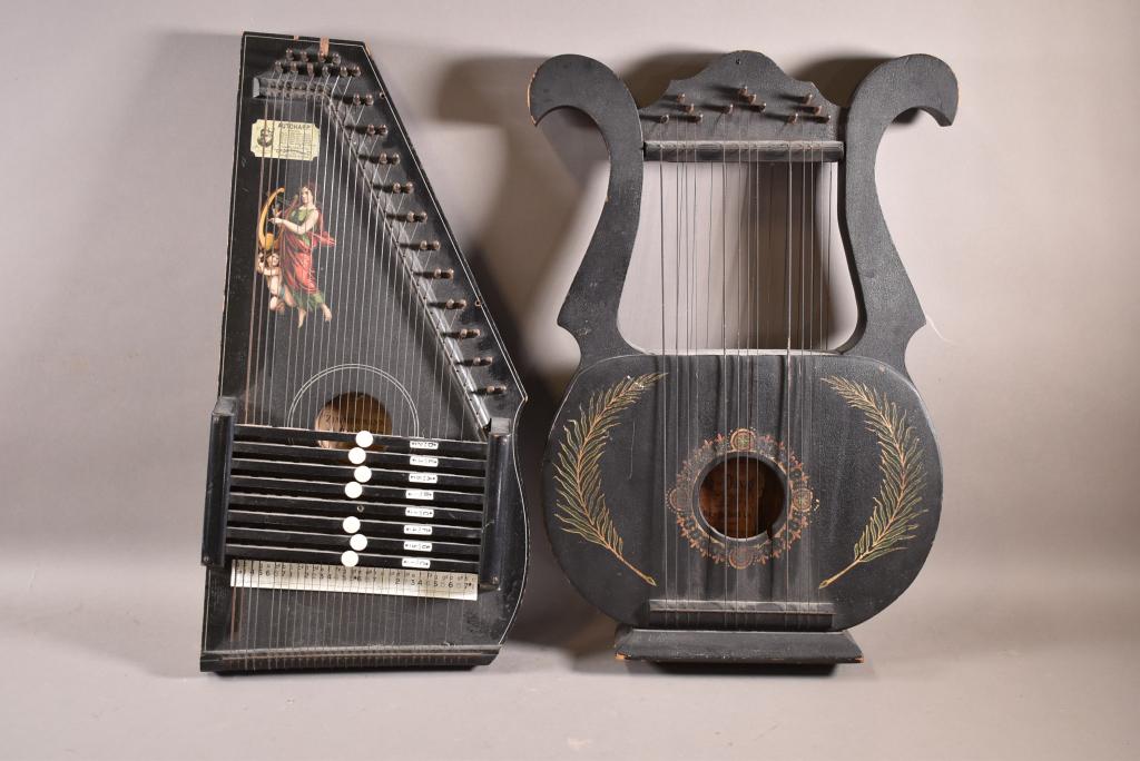 2 ANTIQUE AUTO HARPS: HARP OF DAVID HARP-O-CORD & ZIMMERMANNS AUTOHARP. AGE WEAR, FINISH LOSS. 20" x 14" / 21" x 11"