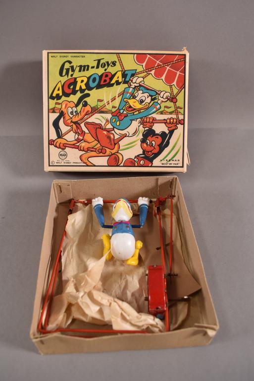 LINE MAR GYM TOYS DISNEY ACROBAT: DONALD DUCK. IN ORIGINAL BOX. BOX HAS MINOR WEAR. TOY IS 6" H