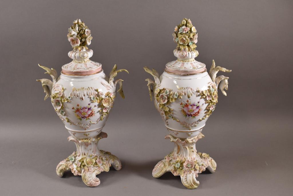 PAIR OF FRENCH PORCELAIN LIDDED URNS (1 of 7)