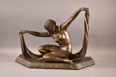 EGYPTIAN REVIVAL ART NOUVEAU STYLE LADY BRONZE: AFTER CLAIRE JEANNE ROBERTE COLINET. GOOD OVERALL CONDITION. 21 1/2" W x 8 1/2" D x 16" H. THIS ITEM CANNOT BE SHIPPED IN HOUSE DUE TO SIZE LIMITATIONS.