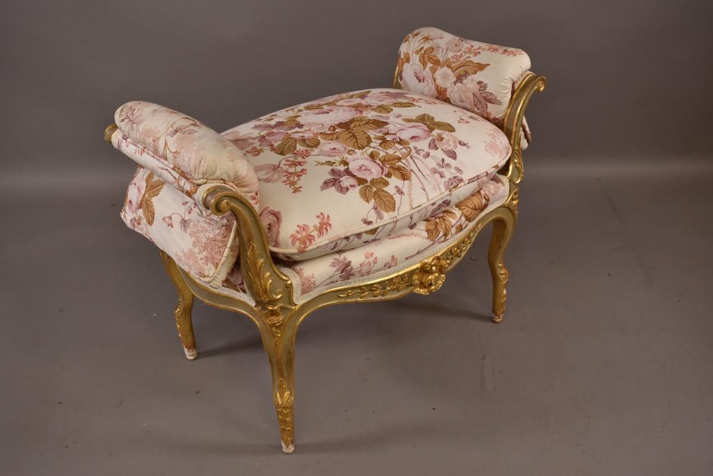 GOLD GILT WINDOW BENCH: ITALIAN? UPHOLSTERED & CARVED PAINTED FINISH WINDOW BENCH. SOME PAINT LOSS NEAR FEET. 33" W x 21" D x 26" H. THIS ITEM EXCEEDS SIZE LIMITATIONS FOR IN HOUSE SHIPPING.