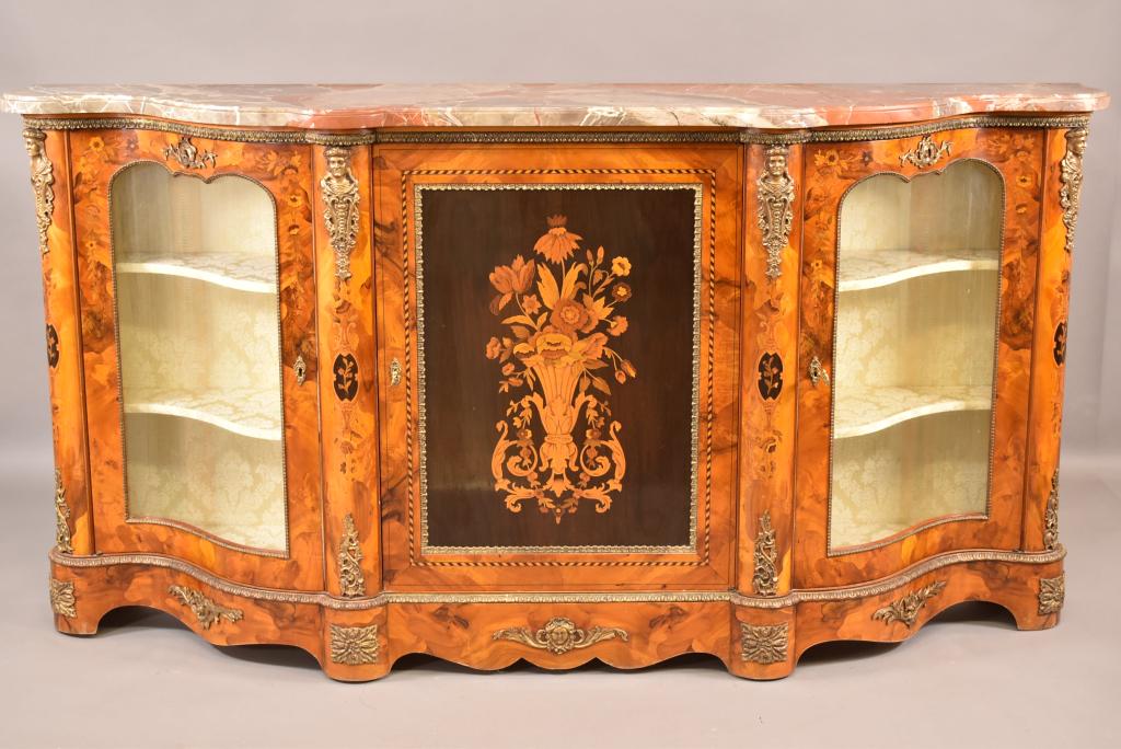 LARGE BURLED FRENCH STYLE MARBLE TOP BUFFET (1 of 8)