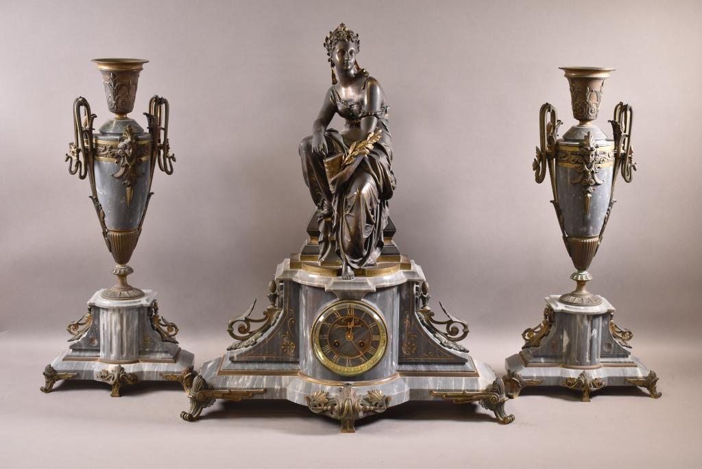 LARGE 3 PIECE FRENCH BRONZE CLOCK SET (1 of 6)
