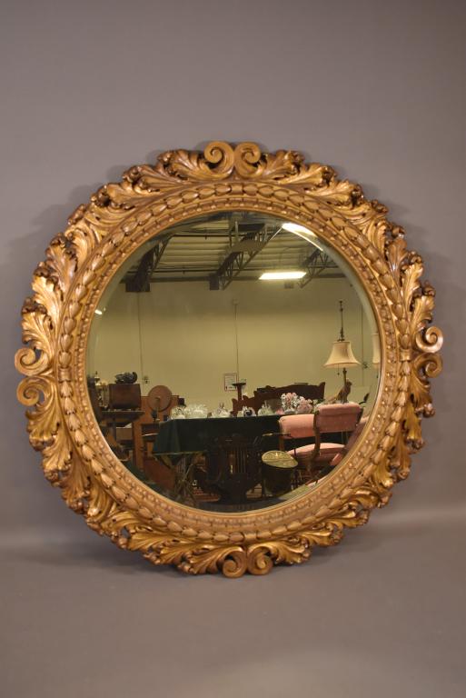 LARGE 19TH CENTURY ROUND GILT WOOD WALL MIRROR (1 of 9)