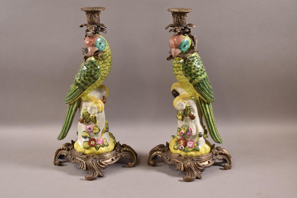 PAIR PORCELAIN & BRONZE PARROT CANDLE HOLDERS (1 of 4)