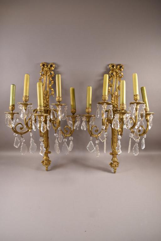 PAIR OF BRONZE 5 ARM WALL SCONCES (1 of 4)