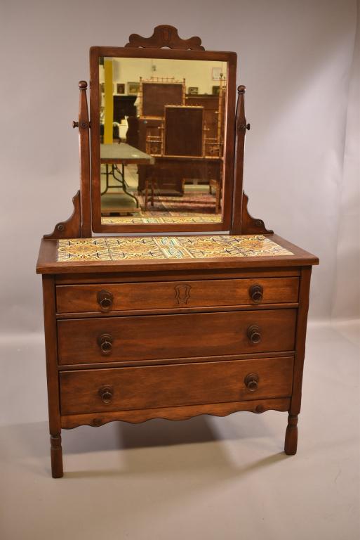 MONTEREY STYLE TILE TOP DRESSER W/ MIRROR (1 of 8)