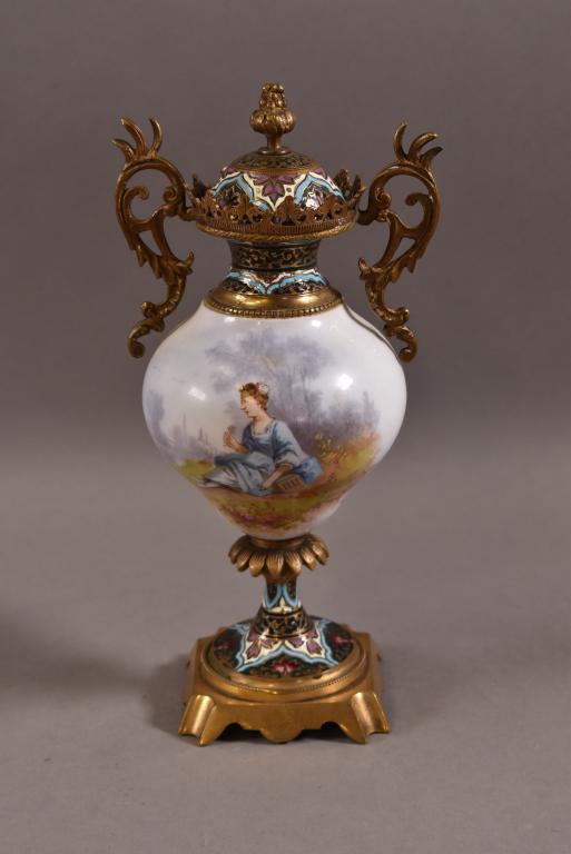 FRENCH PORCELAIN & CHAMPLEVE LIDDED VASE (1 of 4)