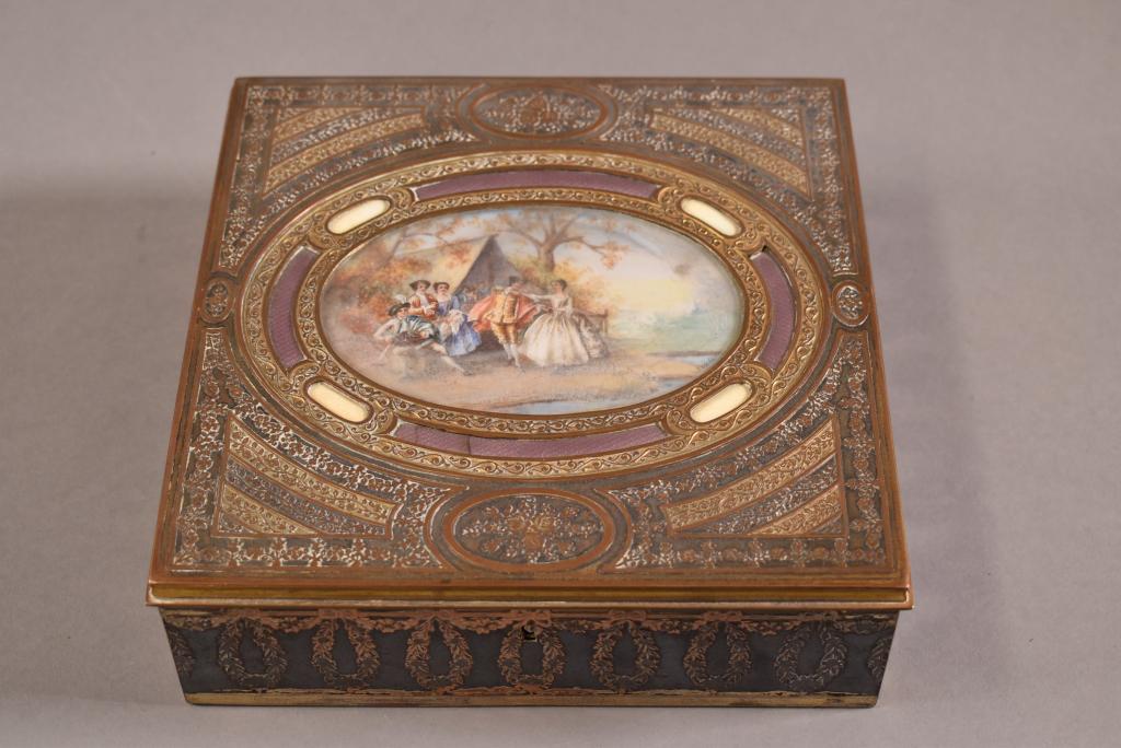 FRENCH GILT METAL DRESSER BOX W/ PAINTED MINIATURE (1 of 4)