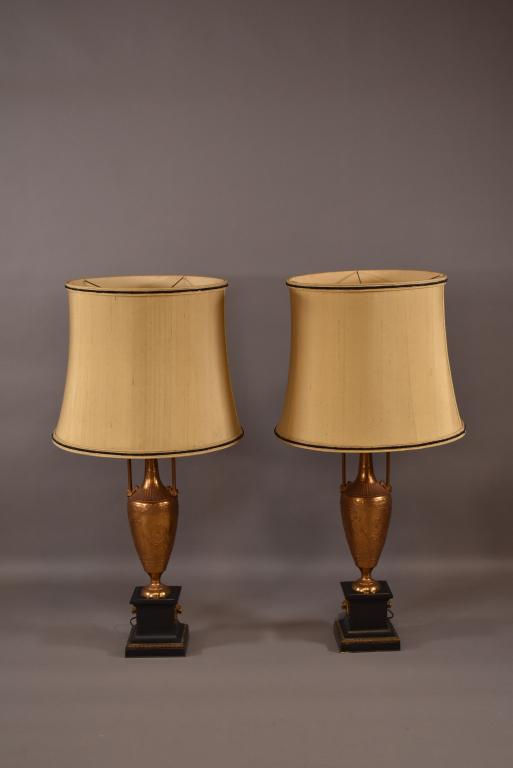 PAIR OF LARGE VICTORIAN GILT METAL & MARBLE LAMPS (1 of 7)