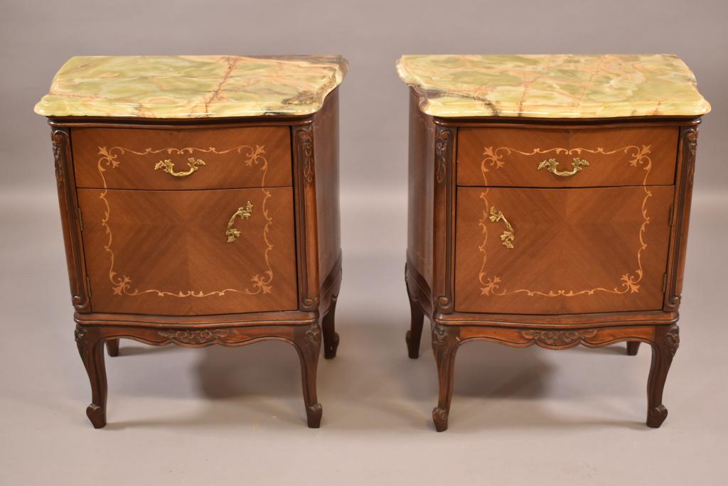 PAIR OF FRENCH ONYX TOP NIGHTSTANDS: SINGLE DRAWER & SINGLE DOOR. GOOD CONDITION. 1 CORNER OF ONYX TOP HAS BEEN REPAIRED. 24" W x 16" D x 28" H. THIS ITEM EXCEEDS SIZE LIMITATIONS FOR IN HOUSE SHIPPING.