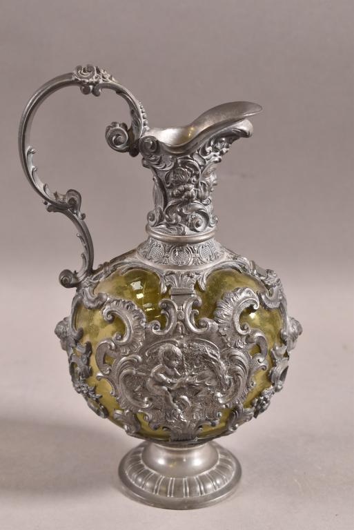 FANCY VICTORIAN GLASS & PEWTER EWER (1 of 6)
