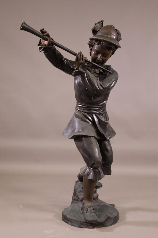 LARGE BRONZE STATUE OF BOY PLAYING FLUTE (1 of 4)