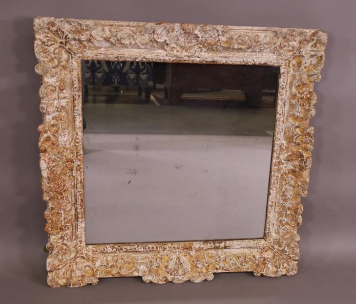 ANTIQUE WOOD & GESSO WALL MIRROR: PAINTED FINISH, MINOR DAMAGE TO SILVERING IN MIRROR. OVERALL GOOD CONDITION. 31" W x 31" H. THIS ITEM EXCEEDS SIZE LIMITATIONS FOR IN HOUSE SHIPPING.