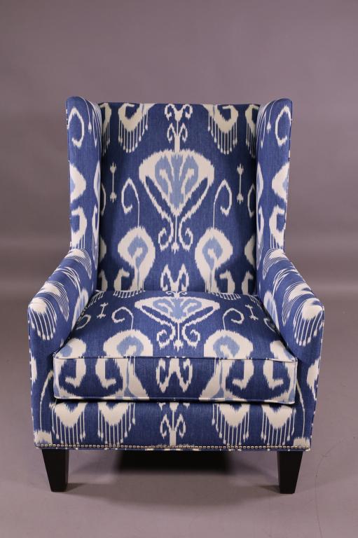 MASSOUD TALL BACK HALL CHAIR: BLUE AND WHITE UPHOLSTERY WITH TACKED SIDES. GOOD CONDITION, VERY CLEAN. 31" W x 36" D x 44" H. THIS ITEM EXCEEDS SIZE LIMITATIONS FOR IN HOUSE SHIPPING.