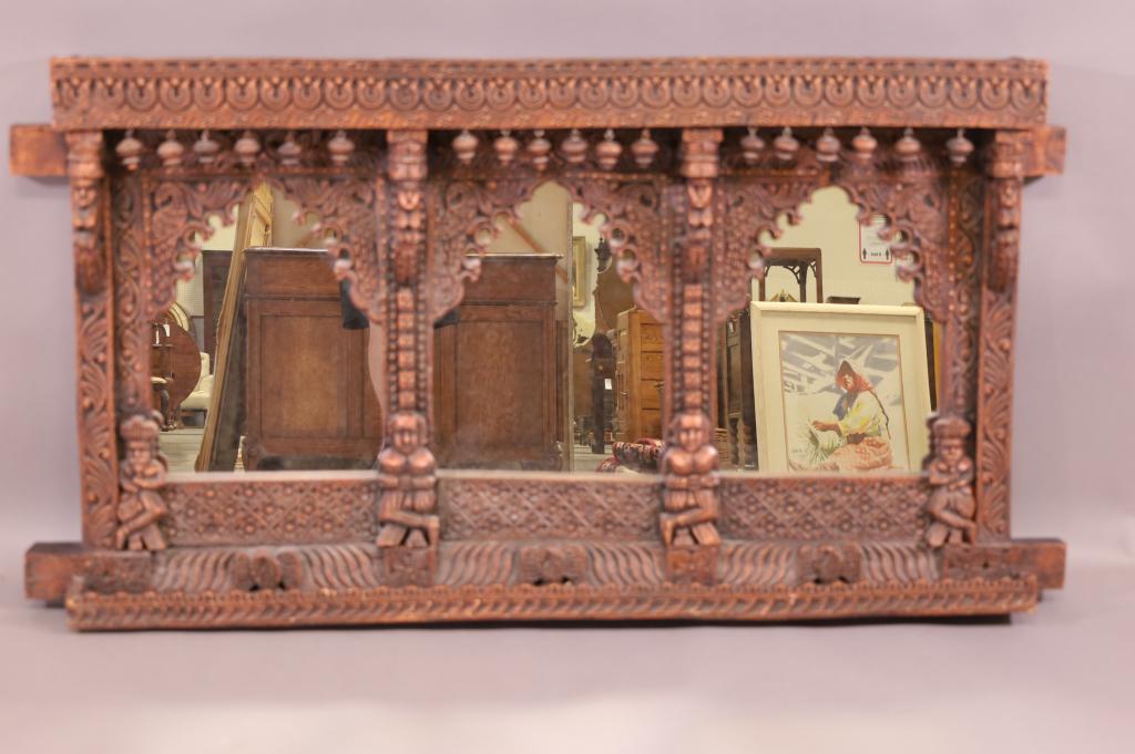 LARGE CARVED WOOD 3 PANEL ASIAN WALL MIRROR (1 of 6)