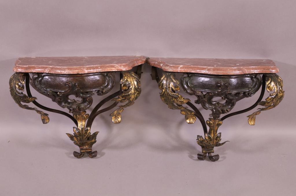 PR. 1920'S CARVED WOOD & GILT METAL WALL SHELVES (1 of 3)