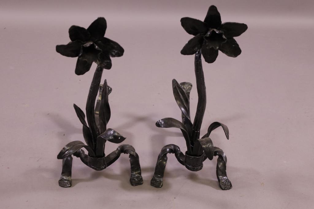 PR. HAND WROUGHT IRON FLORAL ANDIRONS (1 of 3)