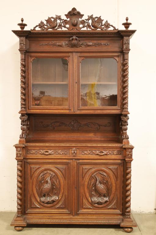 1900'S HEAVILY CARVED OAK 2 PART HUNTER'S CABINET (1 of 8)