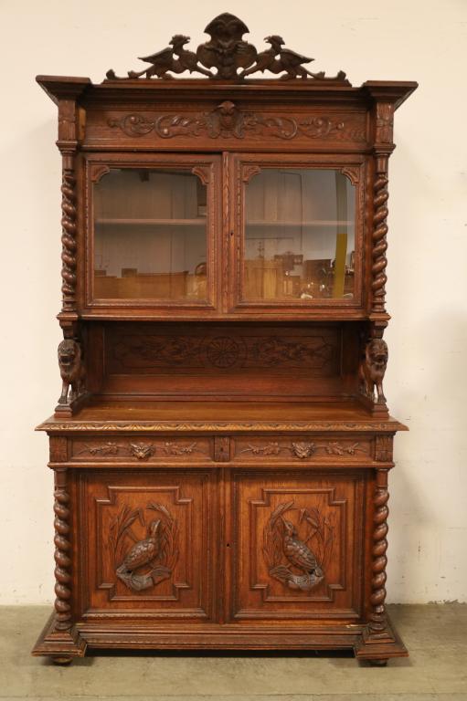1900'S HEAVILY CARVED OAK 2 PART HUNTER'S CABINET (1 of 10)