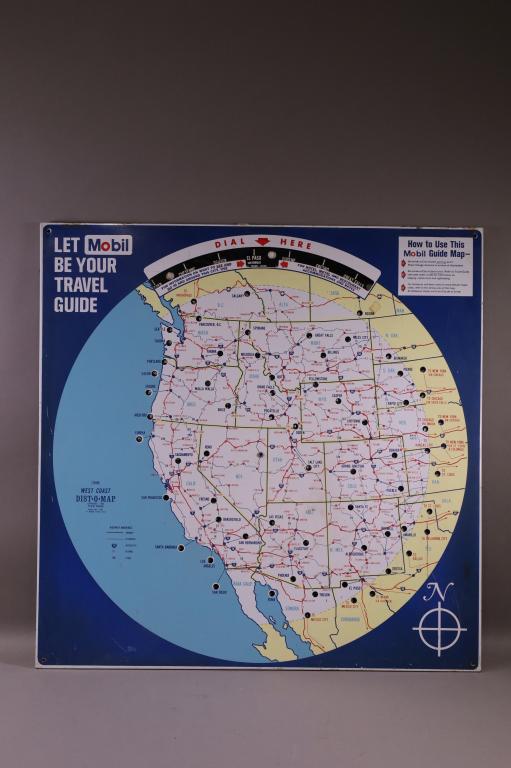 MOBIL TRAVEL GUIDE SST SIGN: MILEAGE GUIDE MAP SST SIGN. SURFACE SCRATCHES, RUST. 28" x 28"