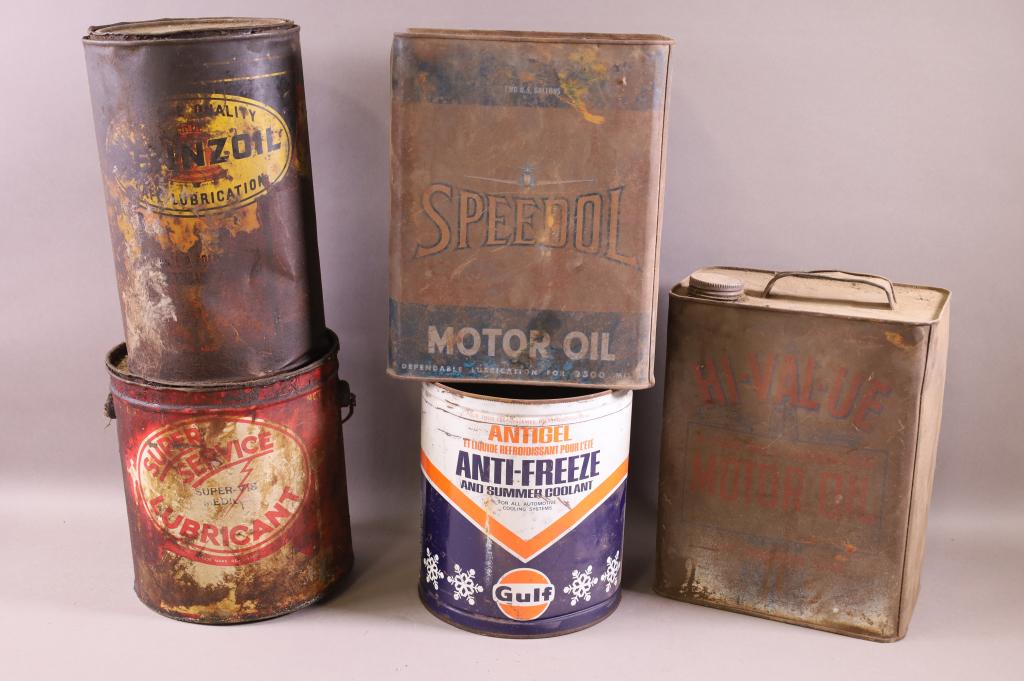 5 Large Oil, Grease, & Antifreeze Cans