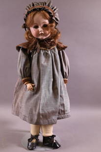 FULPER POTTERY BISQUE DOLL: MARKED ON BACK OF NECK M.S. FULPER, MADE IN USA. 12. 20" H . MINOR WEAR TO HANDS AND LEGS. HAS CRACK TO HEAD.