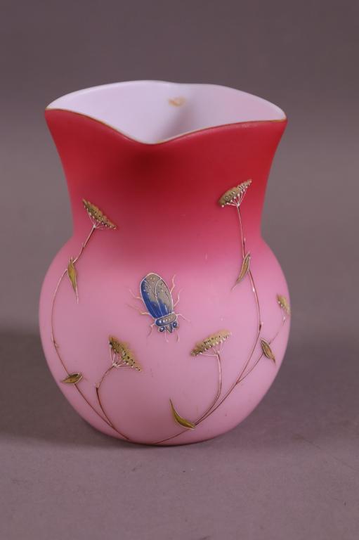 UNSIGNED THOMAS WEBB PINK SATIN VASE: PINK SATIN ART GLASS VASE WITH BEETLE DECORATION. GOOD CONDITION, NO CHIPS OR CRACKS. 4 3/4" H.