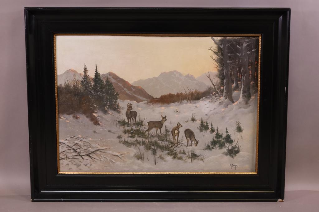 1800'S GEORG MARIA BERGER WINTER LANDSCAPE W/ DEER PAINTING (1 of 6)