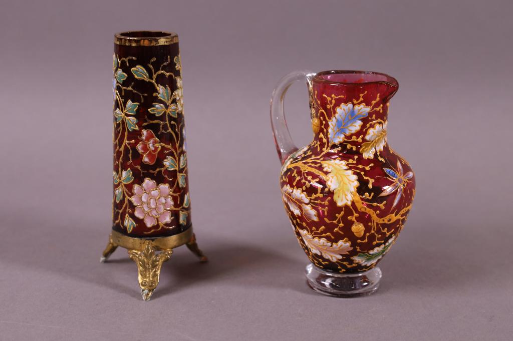 2 ENAMELED CRANBERRY GLASS CABINET PIECES (1 of 6)