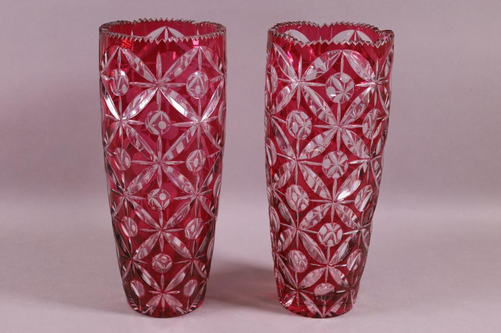 PAIR OF CRANBERRY CUT TO CLEAR VASES (1 of 3)