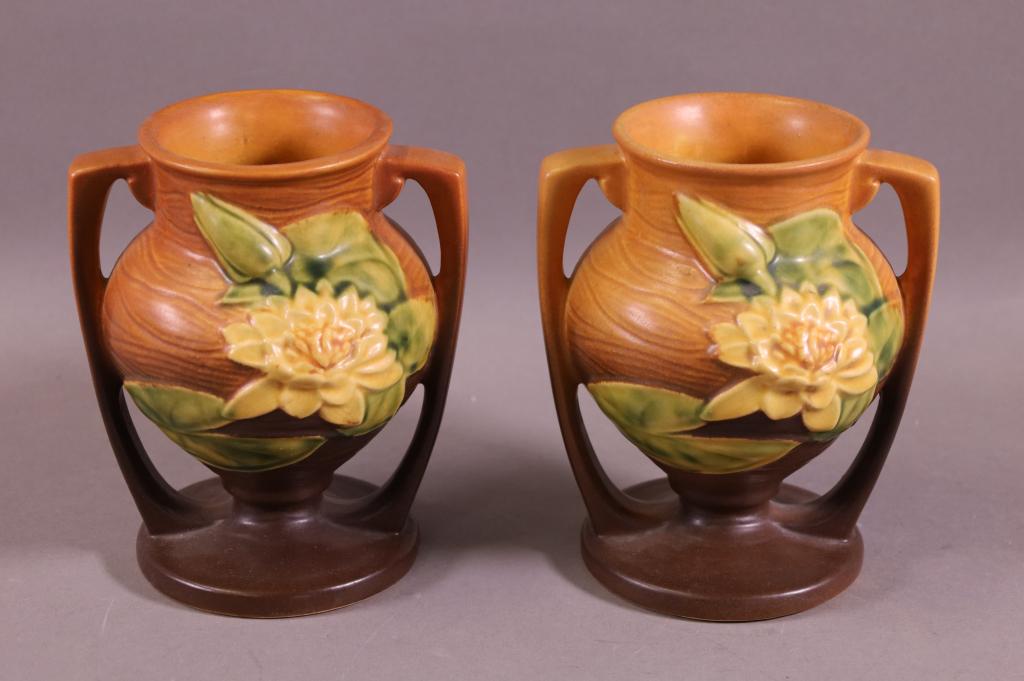 PAIR OF ROSEVILLE POTTERY VASES: 6" WATER LILLY VASES. GOOD CONDITION NO CHIPS CRACKS OR BREAKS.