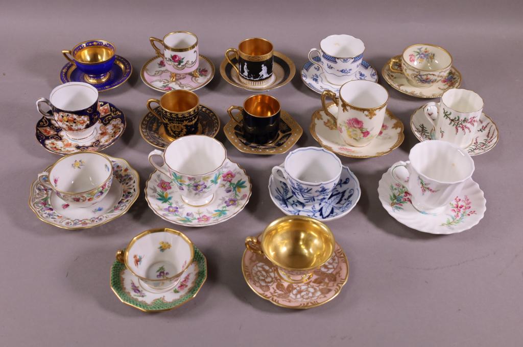 16 DEMITASSE CUPS & SAUCERS: SCHUMANN, ROSTHENTHAL, LIMOGES, MEISSEN, & MORE! GOOD OVERALL CONDITION. EARTHQUAKE PUTTY ON SOME