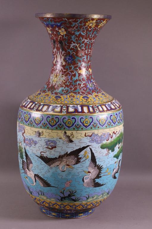 LARGE CLOISSONE VASE: CRANE AND FLORAL DECORATED. DINGS TO SURFACE. . 24" H. THIS ITEM EXCEEDS SIZE LIMITATIONS FOR IN HOUSE SHIPPING.