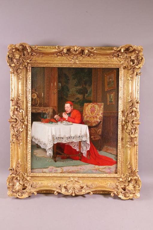 19TH CENTURY VICTOR MARAIS MILTON PAINTING: CARDINAL PAINTING BY VICTOR MARIAS MILTON. OIL ON BOARD. SIGNED LOWER RIGHT. IN PERIOD FRAME. LABEL ON REVERSE. GOOD CONDITION. 18" x 15" IMAGE SIZE / 25" x 22" IN FRAME.