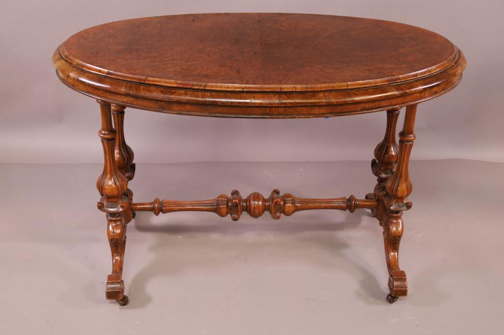 VICTORIAN OVAL BURLED PARLOR TABLE (1 of 4)