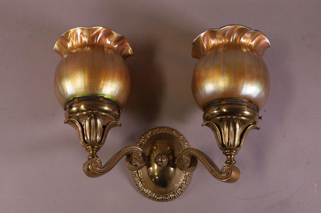 BRASS WALL SCONCE WITH ART GLASS SHADES (1 of 3)