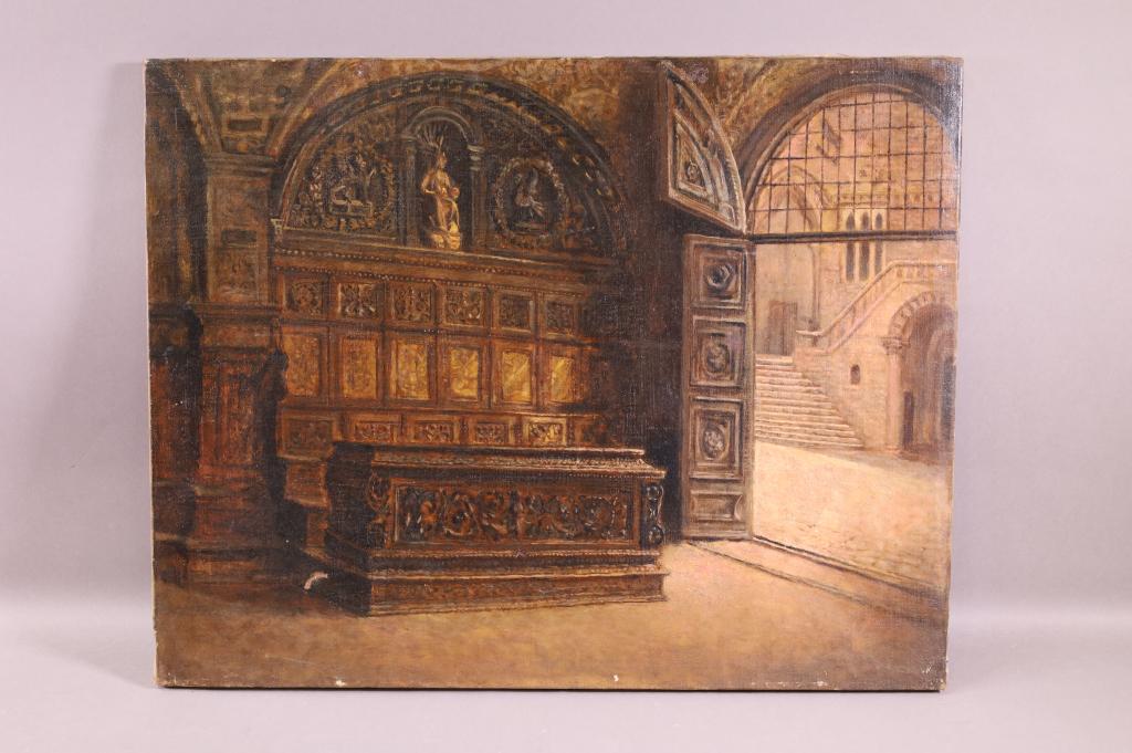 ANTIQUE UNFRAMED CATHEDRAL OIL PAINTING (1 of 5)