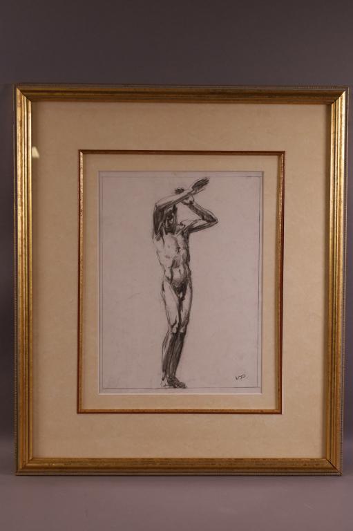 MALE NUDE INK DRAWING BY WILLY POGANY: MONOGRAMED LOWER RIGHT. GOOD CONDITION. 12 " x 9" IMAGE SIZE / 23" x 19" IN FRAME.