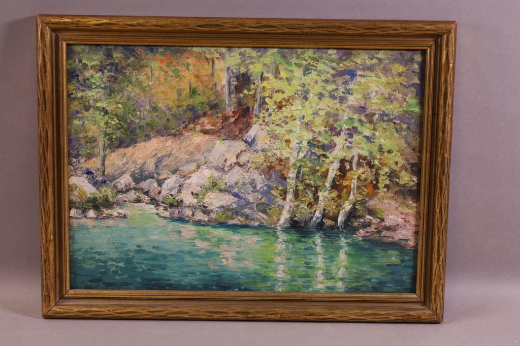 1920'S OIL ON BOARD MOUNTAIN LAKE PAINTING (1 of 2)