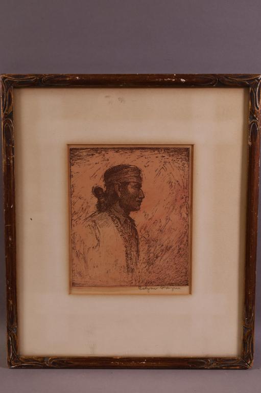 EDGAR PAYNE WOODBLOCK: NATIVE AMERICAN WOODBLOCK. SIGNED LOWER RIGHT. 6 " x 5" IMAGE SIZE / 12" x 10" IN FRAME.
