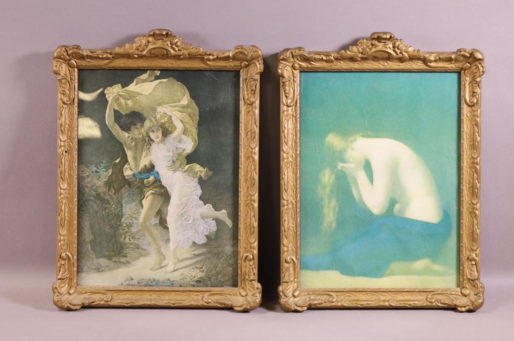 PAIR OF VICTORIAN PRINTS: BLIND JUSTICE & THE STORM. SOME DAMAGE TO BOTH FRAMES.. 8" x 12" IMAGE SIZE / 15" x 11" IN FRAME.