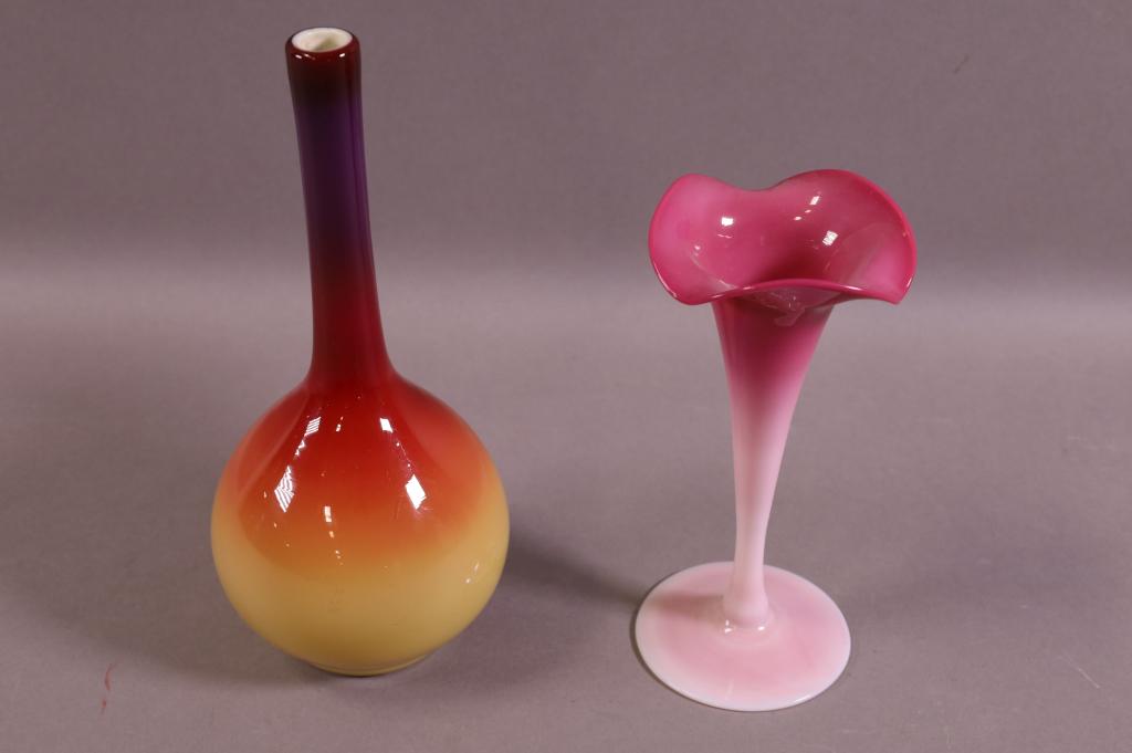 2 BURMESE OR PEACH BLOW ART GLASS VASES (1 of 3)